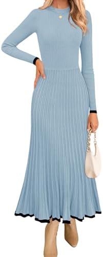 ZESICA Women's Long Sleeve Sweater Dress Fall Crewneck Ribbed Knit Pleated A-Line Maxi Wedding Guest Dresses