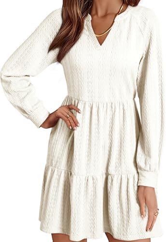 Dokotoo Womens Dresses 2024 Long Sleeve V Neck Textured Casual Tiered Ruffle A-Line Swing Mini Babydoll Dress