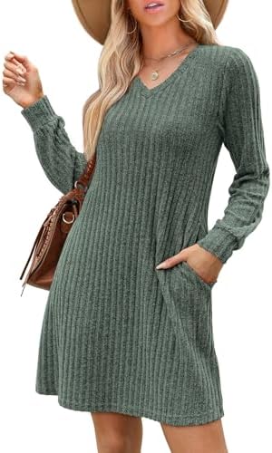 SAMPEEL Womens V Neck Fall Dresses Long Sleeve Casual Sweater Short Dress Fashion Clothes
