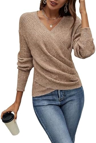 SOLY HUX Women's V Neck Long Sleeve Off Shoulder Sweaters Criss Cross Wrap Ruched Pullover Fall Tops