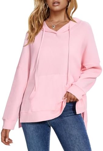 ALIMASHA Womens Hoodies Waffle Knit Tops Long Sleeve Drawstring Casual Oversized Hoodies Pullover Sweatshirt with Pocket