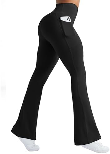 Womens Flare Yoga Pants with Pockets Crossover Flared Leggings Bootcut Bell Bottom No Front Seam