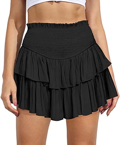 MiiVoo Women's High Waist Ruffle Flowy Mini Skirts Stretchy Waist Solid Lined Layered Pleated Casual Beach Short Skirt