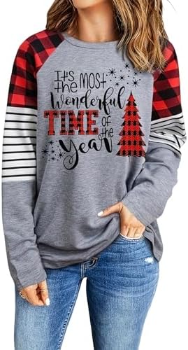 Merry Christmas Shirt for Women Leopard Plaid Christmas Tree Plus Size Long Sleeve Holiday Tee Tops