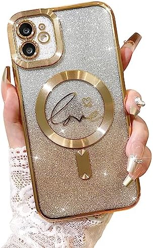 Fiyart Compatible with iPhone 11 Case,Compatible with MagSafe Love Heart Plating Camera Protection Clear Phone Case, Magnetic Glitter for Women Girls Shockproof Back Bumper 6.1"-Gold