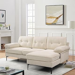 82" Sectional Couch w/Chaise, Reversible Chenille Small L Shape Sofa Couch, Sofa with Chaise Mid-Modern Century Couch with Removable and Washable Cushions (Cream)
