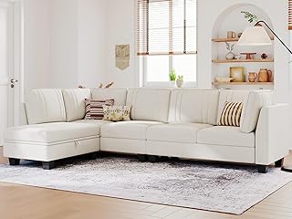 Belffin L Shaped Sofa Velvet Reversible Sectional Sofa with Storage Ottoman Convertible Cream L-Shaped Sofa Beige