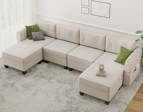Modular Sectional Sofa, Convertible Sectional Couches for Living Room U Shaped Sectional Sofa Couch with Storage Ottoman, High Supportive 6 Seats Reversible Sectionals 113'' with Chaise, Beige