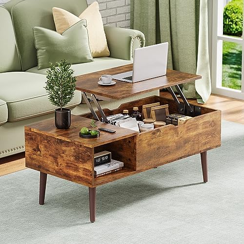 OLIXIS Modern Lift Top Coffee Table Wooden Furniture with Storage Shelf and Hidden Compartment for Living Room Office, Rust Brown