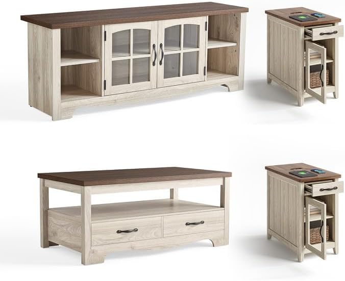 LINSY HOME Living Room Table Sets 4 Piece with TV Stand, Farmhouse TV Stand for 65 Inch TV, Coffee Table with Drawers, Two End Table with Charging Station, Washed Gray