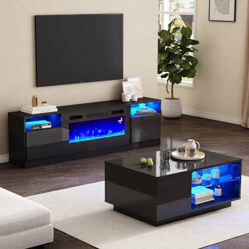 AMERLIFE 2-Piece Modern Living Room Table Sets, Includes 70" Highgloss Fireplace TV Stand, Coffee Table with Glass Shelves, LED Lights Entertainment Center Sets, Black