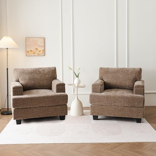 Oversized Living Room Chairs Set of 2,Comfy Accent Chair with Armrest Organizer,Upholstered Modern Armchair Thick Cushion,Big Reading Chair,Sofa Chair for Bedroom,Brown