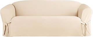 SureFit Heavyweight Cotton Duck Sofa Slipcovers, Heavyweight Cotton Sofa Cover, One Piece Design, Couch Cover with Seat Elastic and Adjustable Corner Ties, Natural
