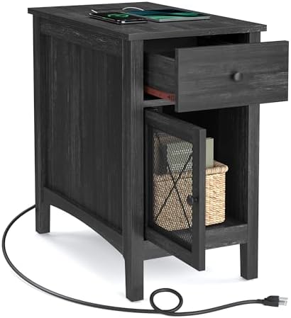 VASAGLE Side Table with Storage, End Table with USB Ports and Outlets, Nightstand with Charging Station, Drawer, Storage Cabinet, Magazine Rack, for Living Room, Bedroom, Charcoal Gray ULET312T22