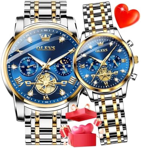 OLEVS Couple Watch His and Her Watch Set Mens Womens Matching Watch Diamond Romantic Valentine’s Day Chronograph Watch