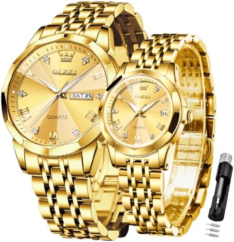 OLEVS Valentines Couple Pair Quartz Watches Luminous Calendar Date Window 3ATM Waterproof, Casual Stainless Steel His and Hers Wristwatch for Men Women Lovers Wedding Romantic Gifts Set of 2