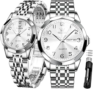 OLEVS Valentines Couple Pair Quartz Watches Luminous Calendar Date Business Dress Luxury His and Hers Wristwatch Waterproof Casual Stainless Steel Lovers Wedding Romantic Watches