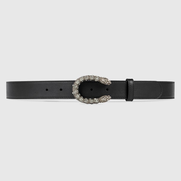 Gucci Black Leather 30MM Belt with Crystal Dionysus Buckle