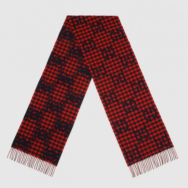 Gucci Red and Blue GG Wool Jacquard Scarf